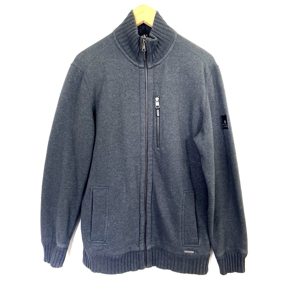 Calvin Klein Mens Full Zip Sweater Jacket Sz S Gray High Neck Pockets Outdoors